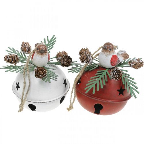 Campane con pettirossi, decorazioni per uccelli, inverno, campane decorative per Natale bianco / rosso Ø9cm H10cm set di 2