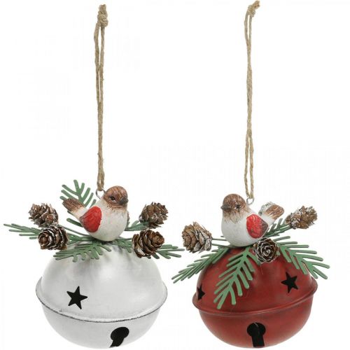 Campane con pettirossi, decorazioni per uccelli, inverno, campane decorative per Natale bianco / rosso Ø9cm H10cm set di 2