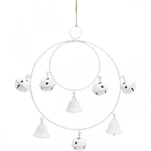 Floristik24 Anello con campane, decorazione dell&#39;Avvento, corona ad anello, decorazione in metallo per appendere Bianco H22,5 cm L21,5 cm