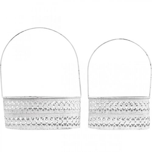 Floristik24 Cestino di metallo ovale, vaso decorativo per piantare bianco, aspetto vintage argento L17 / 22cm H25 / 28cm set di 2
