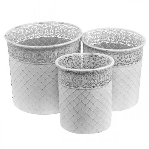 Prodotto Portavasi con motivo traforato, vaso in metallo, secchio decorativo bianco, argento shabby chic H28/25,5/23,5 cm Ø29,5/25,5/20 cm set da 3