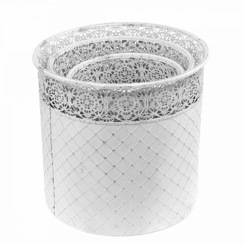 Prodotto Portavasi con motivo traforato, vaso in metallo, secchio decorativo bianco, argento shabby chic H28/25,5/23,5 cm Ø29,5/25,5/20 cm set da 3