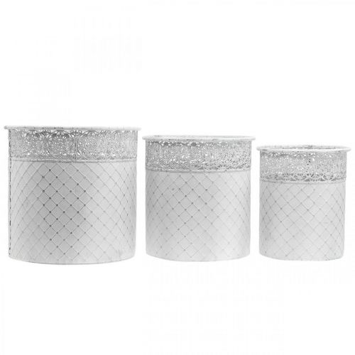 Prodotto Portavasi con motivo traforato, vaso in metallo, secchio decorativo bianco, argento shabby chic H28/25,5/23,5 cm Ø29,5/25,5/20 cm set da 3