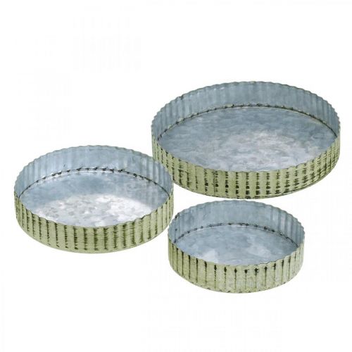 Floristik24 Piatti in metallo per decorare, decorazione da tavola, portacandele tondo argento, verde shabby chic Ø14/16,5/19,5 cm H3,5 cm set da 3