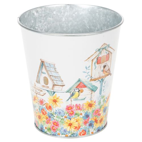 Floristik24 Vaso in metallo decorato, fioriera con casette per uccelli, secchiello in latta H13cm Ø11.5cm