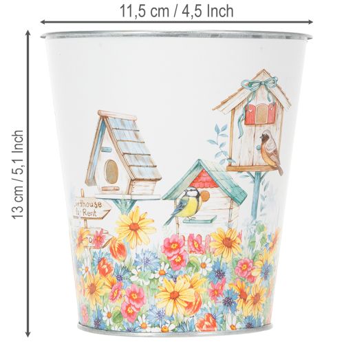 Prodotto Vaso in metallo decorato, fioriera con casette per uccelli, secchiello in latta H13cm Ø11.5cm