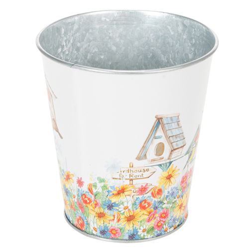 Prodotto Vaso in metallo decorato, fioriera con casette per uccelli, secchiello in latta H13cm Ø11.5cm