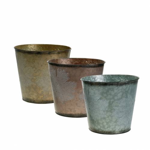 Floristik24 Vaso decorativo con foglie di zinco grigio metallizzato, arancio, marrone Ø17cm H14.5cm 3 pezzi