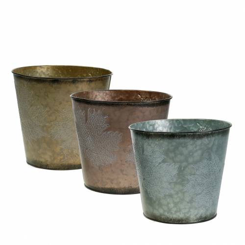 Floristik24 Vaso decorativo con foglie di zinco grigio metallizzato, arancio, marrone Ø18,5 cm H 15,5 cm 3 pezzi