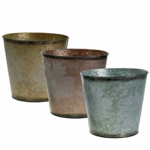 Floristik24 Vaso decorativo con foglie di zinco grigio metallizzato, arancio, marrone Ø26cmH22cm 3 pezzi