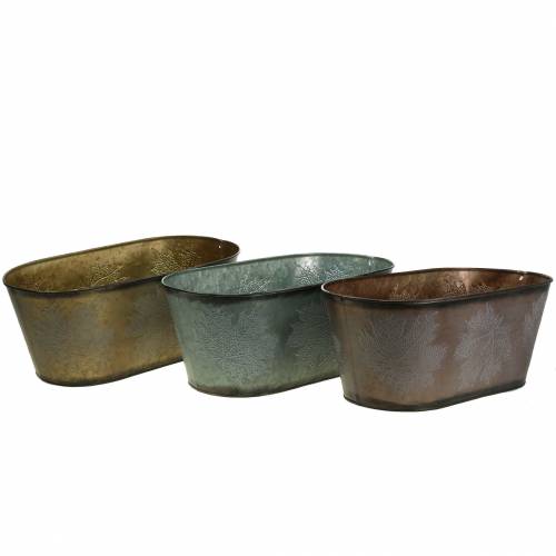 Floristik24 Vaso decorativo con foglie ovale zinco grigio metallizzato, arancione, marrone 38 × 20 cm H15 cm 3 pezzi