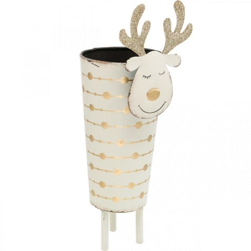 Vaso per piante di renne, decorazione dell&#39;Avvento, decorazione in metallo, fioriera per Natale bianco, dorato H28cm Ø8.5cm