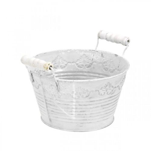 Floristik24 Ciotola decorativa per piantare, vaso con manici in legno, decorazione in metallo bianco, argento Ø16.5cm H12.5cm W20cm