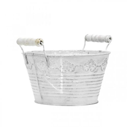 Floristik24 Ciotola decorativa per piantare, vaso con manici in legno, decorazione in metallo bianco, argento Ø16.5cm H12.5cm W20cm