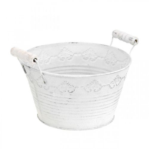 Floristik24 Fioriera in rilievo, ciotola decorativa con manici in legno, vaso in metallo bianco, argento Ø18,5cm A12cm L22cm