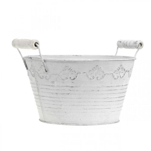 Floristik24 Fioriera in rilievo, ciotola decorativa con manici in legno, vaso in metallo bianco, argento Ø18,5cm A12cm L22cm