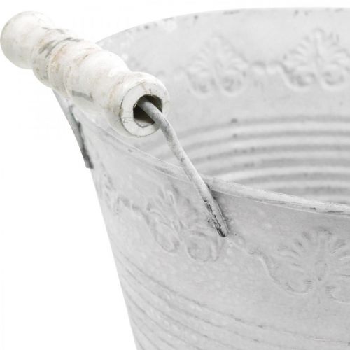 Floristik24 Vaso in metallo, ciotola decorativa con motivo, vaso per piante con manici in legno bianco, argento Ø21.5cm H14.5cm W24.5cm