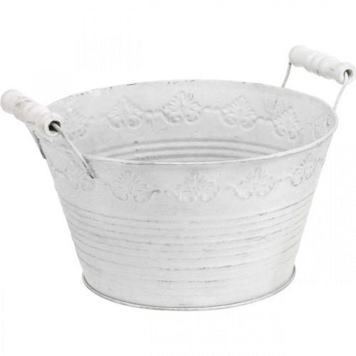 Floristik24 Vaso in metallo, ciotola decorativa con motivo, vaso per piante con manici in legno bianco, argento Ø21.5cm H14.5cm W24.5cm