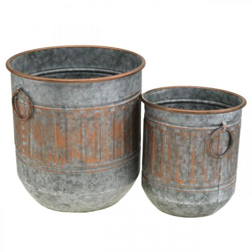 Floristik24 Ciotola decorativa con manici, vaso per piante, vaso di metallo argento, aspetto antico color rame H31 / 24,5 cm Ø29,5 / 22 cm set di 2