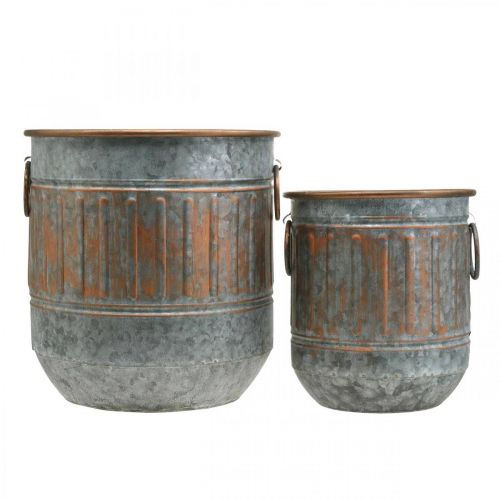 Floristik24 Ciotola decorativa con manici, vaso per piante, vaso di metallo argento, aspetto antico color rame H31 / 24,5 cm Ø29,5 / 22 cm set di 2