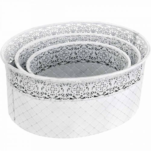 Prodotto Ciotola per piantare, vaso in metallo con motivo traforato, vaso decorativo ovale bianco, argento shabby chic L41,5/35/29,5 cm H19/16/14,5 cm set da 3