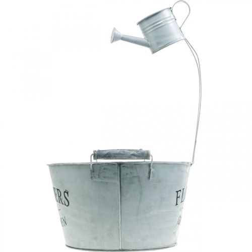 Prodotto Ciotola con annaffiatoio, decorazione da giardino, fioriera in metallo per piantare argento lavato bianco H41cm Ø28cm/Ø7cm