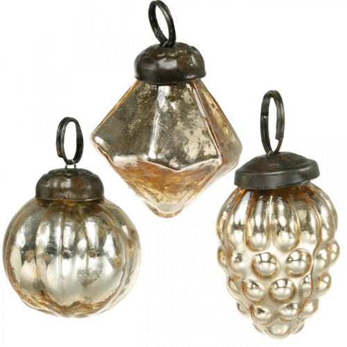 Floristik24 Mini palline di albero, diamante / palla / cono, impiccagioni per alberi mix di aspetto antico Ø3–3,5 cm H4,5–5,5 cm 9 pezzi