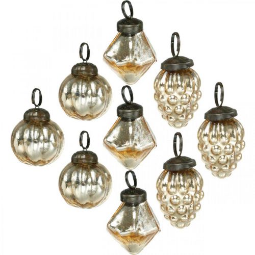 Mini palline di albero, diamante / palla / cono, impiccagioni per alberi mix di aspetto antico Ø3–3,5 cm H4,5–5,5 cm 9 pezzi