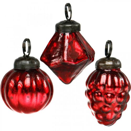 Floristik24 Mini mix di decorazioni per alberi, diamante / palla / cono, palline di vetro aspetto antico Ø3–3,5 cm H4,5–5,5 cm 9 pezzi