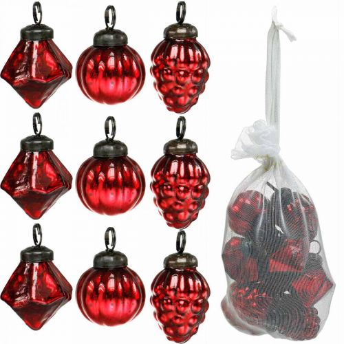 Floristik24 Mini mix di decorazioni per alberi, diamante / palla / cono, palline di vetro aspetto antico Ø3–3,5 cm H4,5–5,5 cm 9 pezzi