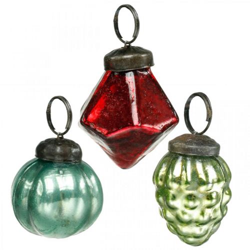 Floristik24 Mini mix di palline per albero di Natale, diamante / palla / cono, palline di vetro aspetto antico Ø3–3,5 cm H4,5–5,5 cm 9 pezzi