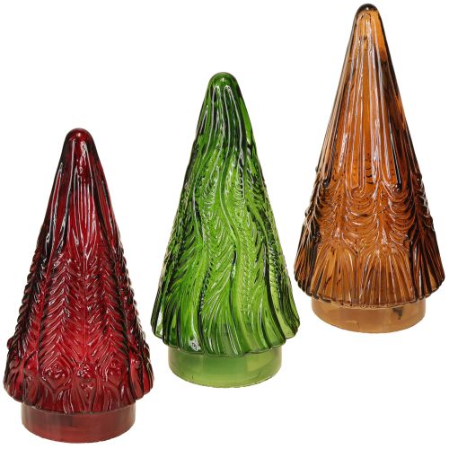 Floristik24 Mini albero di Natale in vetro LED rosso verde marrone 18 cm 3 pezzi