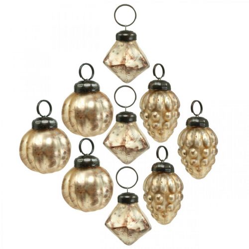 Floristik24 Mini mix di palline di vetro, diamante / palla / cono, decorazioni per alberi, aspetto antico Ø3–3,5 cm H4,5–5,5 cm 9 pezzi