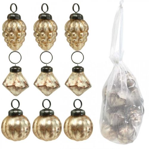 Floristik24 Mini mix di palline di vetro, diamante / palla / cono, decorazioni per alberi, aspetto antico Ø3–3,5 cm H4,5–5,5 cm 9 pezzi