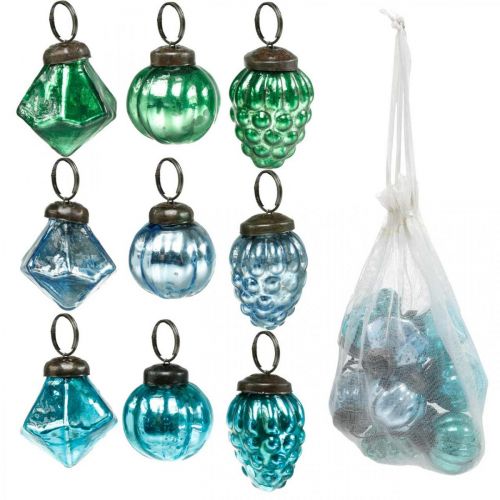 Floristik24 Mini pallina di vetro mix, diamante/sfera/cono, decorazione albero di Natale aspetto antico Ø3–3,5 cm H4,5–5,5 cm 9 pezzi