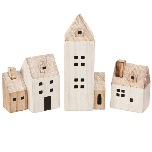 Mini Villaggio Natalizio Decorazione in Legno Bianco Naturale H13/7cm 6 pz