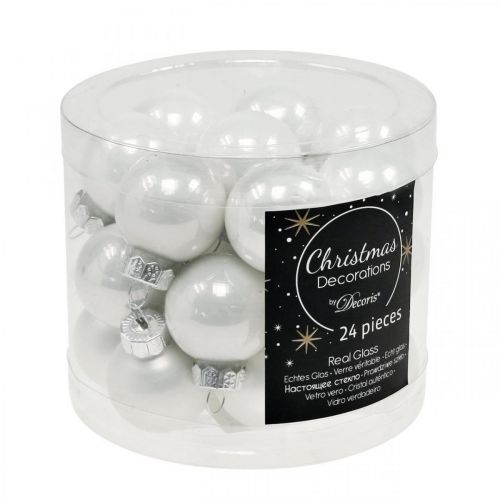Prodotto Mini palline di Natale in vetro bianco lucido/opaco Ø2,5cm 24 pz