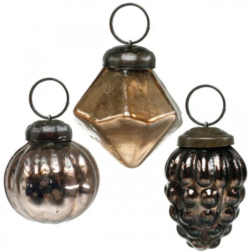 Floristik24 Mini palle di Natale, diamante / palla / cono, mix di ciondoli in vetro, aspetto antico Ø3–3,5 cm H4,5–5,5 cm 9 pezzi