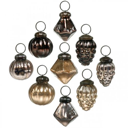 Floristik24 Mini palle di Natale, diamante / palla / cono, mix di ciondoli in vetro, aspetto antico Ø3–3,5 cm H4,5–5,5 cm 9 pezzi