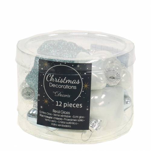 Floristik24 Mini addobbi per albero di Natale mix assortiti in vetro bianco, blu 12 pezzi