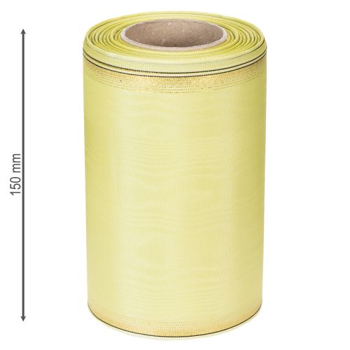 Prodotto Nastro moiré per ghirlande, 150 mm, 25 m, verde chiaro con bordo dorato, ideale per fioristi e decorazioni.