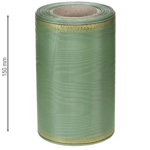 Prodotto Nastro moiré per ghirlande, verde salvia con bordo dorato, 150 mm x 25 m, nastro decorativo per composizioni floreali e ghirlande.