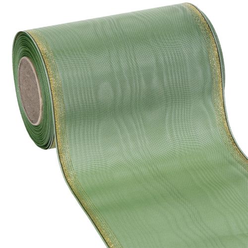 Floristik24 Nastro moiré per ghirlande, verde salvia con bordo dorato, 150 mm x 25 m, nastro decorativo per composizioni floreali e ghirlande.