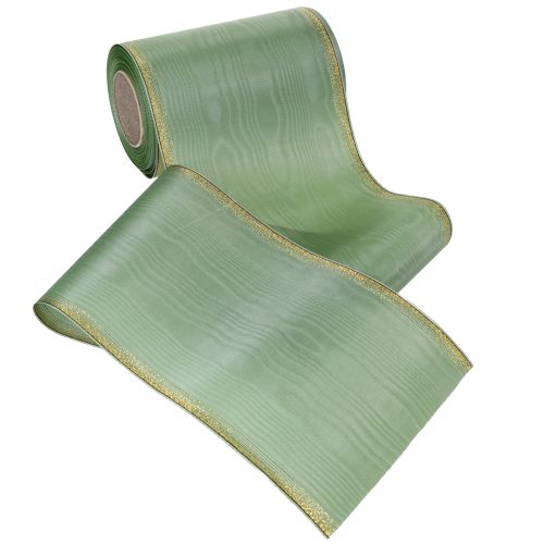 Prodotto Nastro moiré per ghirlande, verde salvia con bordo dorato, 150 mm x 25 m, nastro decorativo per composizioni floreali e ghirlande.