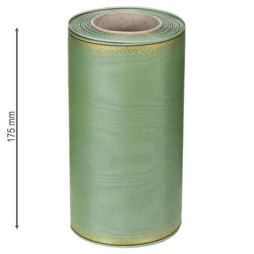 Prodotto Nastro decorativo moiré per ghirlande, verde salvia con bordo dorato - 175 mm x 25 m - nastro decorativo per fioristi e celebrazioni