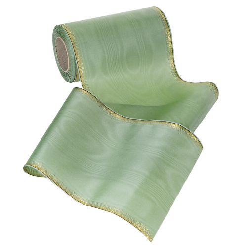 Prodotto Nastro decorativo moiré per ghirlande, verde salvia con bordo dorato - 175 mm x 25 m - nastro decorativo per fioristi e celebrazioni