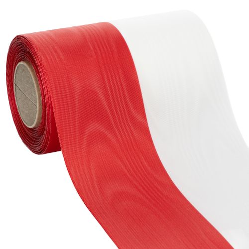 Prodotto Nastro per ghirlanda moiré, nastro da lutto bianco-rosso, nastro decorativo 150 mm, nastro commemorativo con fleur da lutto, taffetà di acetato 25 m