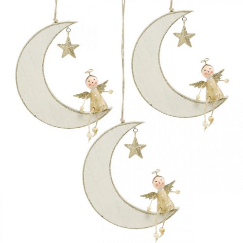 Prodotto Decorazione dell&#39;Avvento, angelo sulla luna, decorazione in legno da appendere bianca, dorata H14.5cm W21.5cm 3 pezzi
