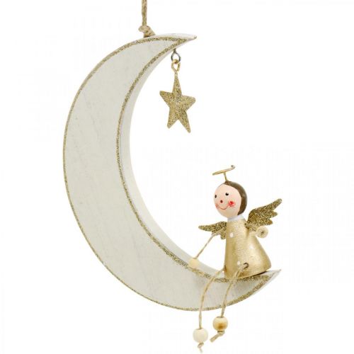 Floristik24 Decorazione dell'Avvento, angelo sulla luna, decorazione in legno da appendere bianco, dorato H14,5 cm L21,5 cm 3 pezzi