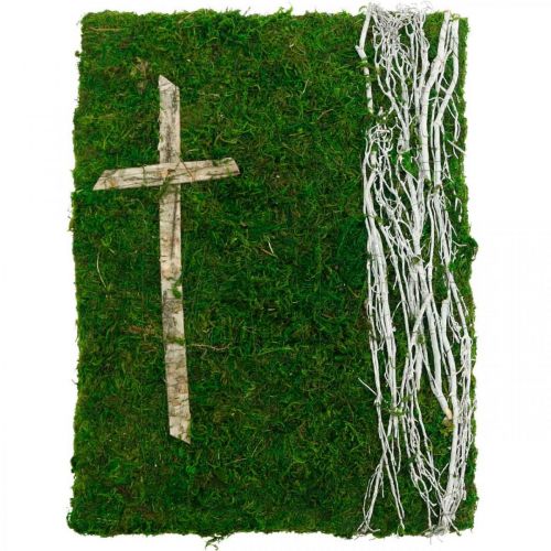 Floristik24 Viti di muschio e croce per la sistemazione della tomba verde, bianco 40 × 30 cm